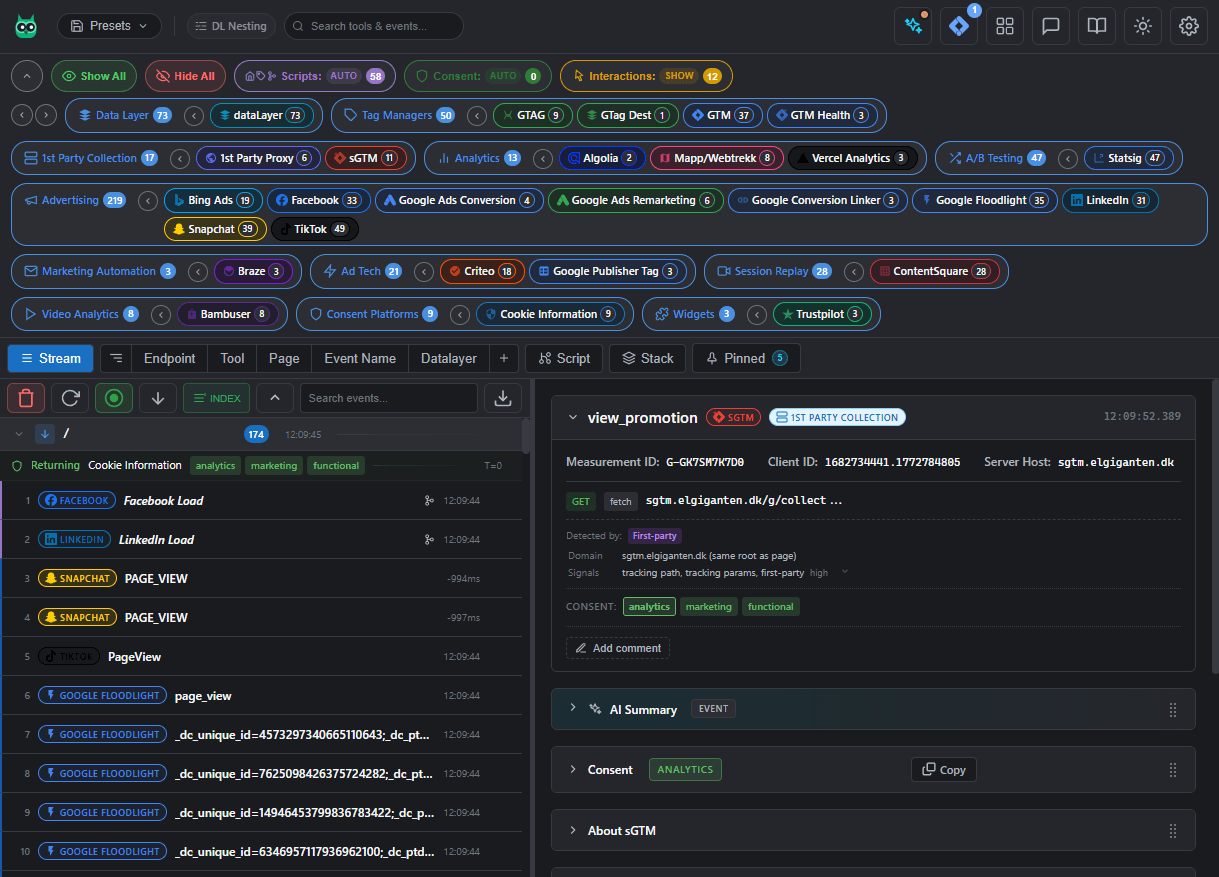 Event Watcher panel in dark mode following the DevTools theme