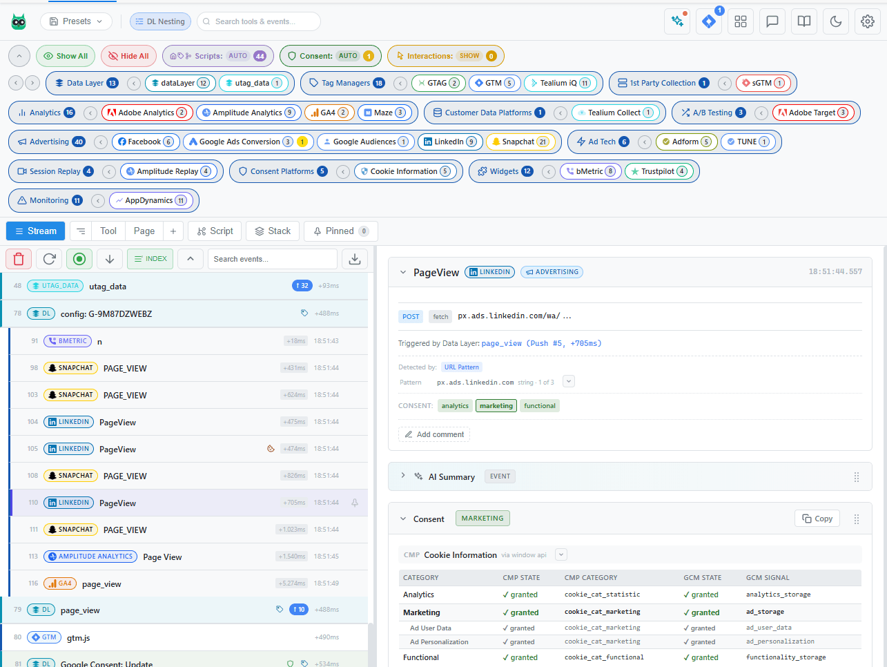 Event Watcher DevTools panel showing real-time event stream