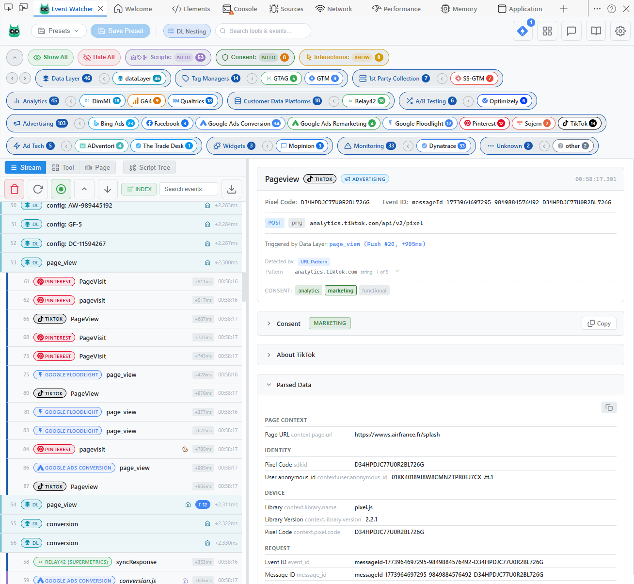 Event Watcher DevTools panel showing real-time event stream