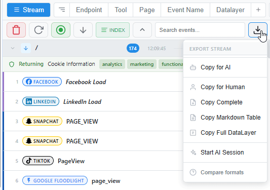 Export menu showing Copy for Human, Copy for AI, and Copy Complete options