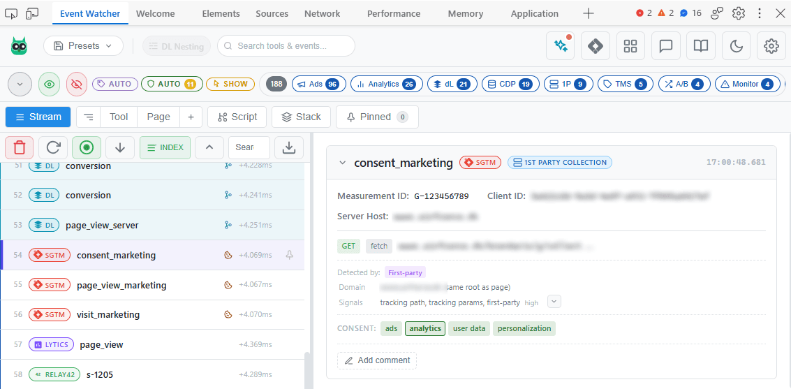 Stream View in the Event Watcher DevTools panel