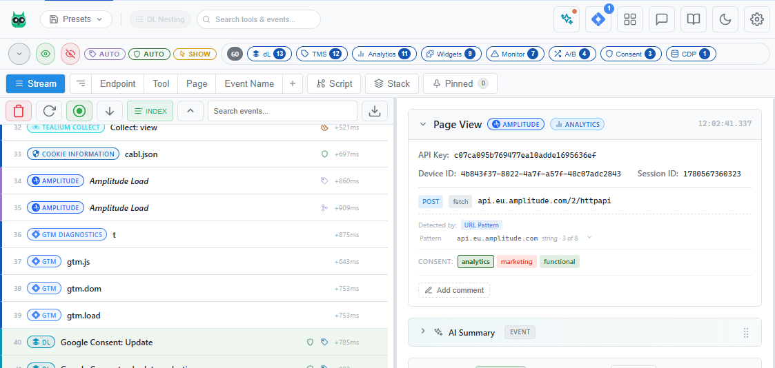 Stream View in the Event Watcher DevTools panel