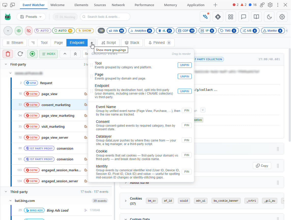 Grouped View in the Event Watcher DevTools panel
