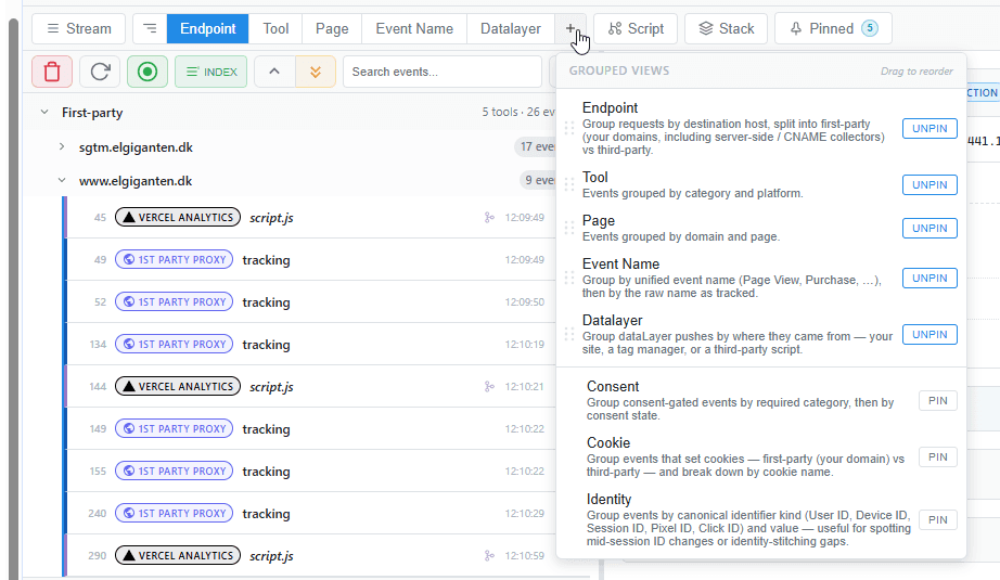 Grouped View in the Event Watcher DevTools panel