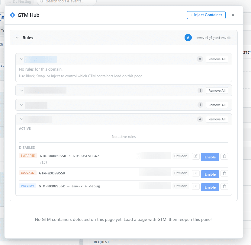 GTM Hub showing container block, swap, and preview rules