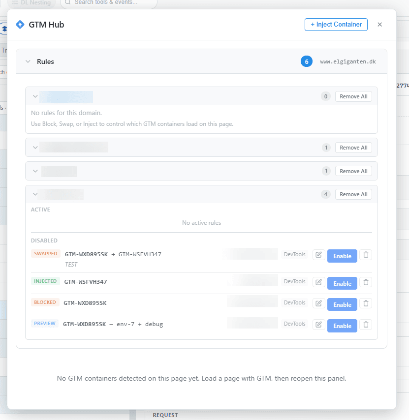 GTM Hub showing container swap, inject, block, and preview rules