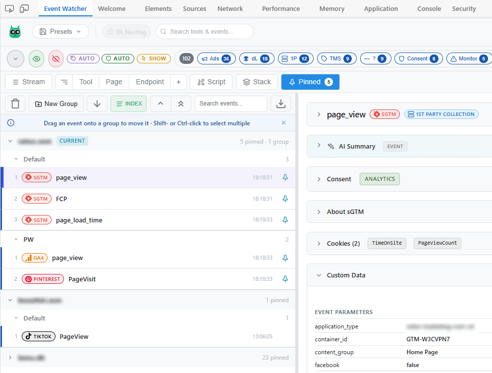 Pinned View in the Event Watcher DevTools panel