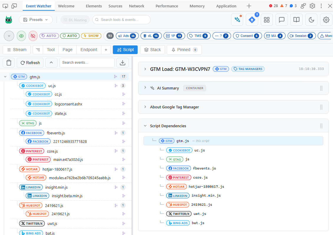 Script Tree View in the Event Watcher DevTools panel