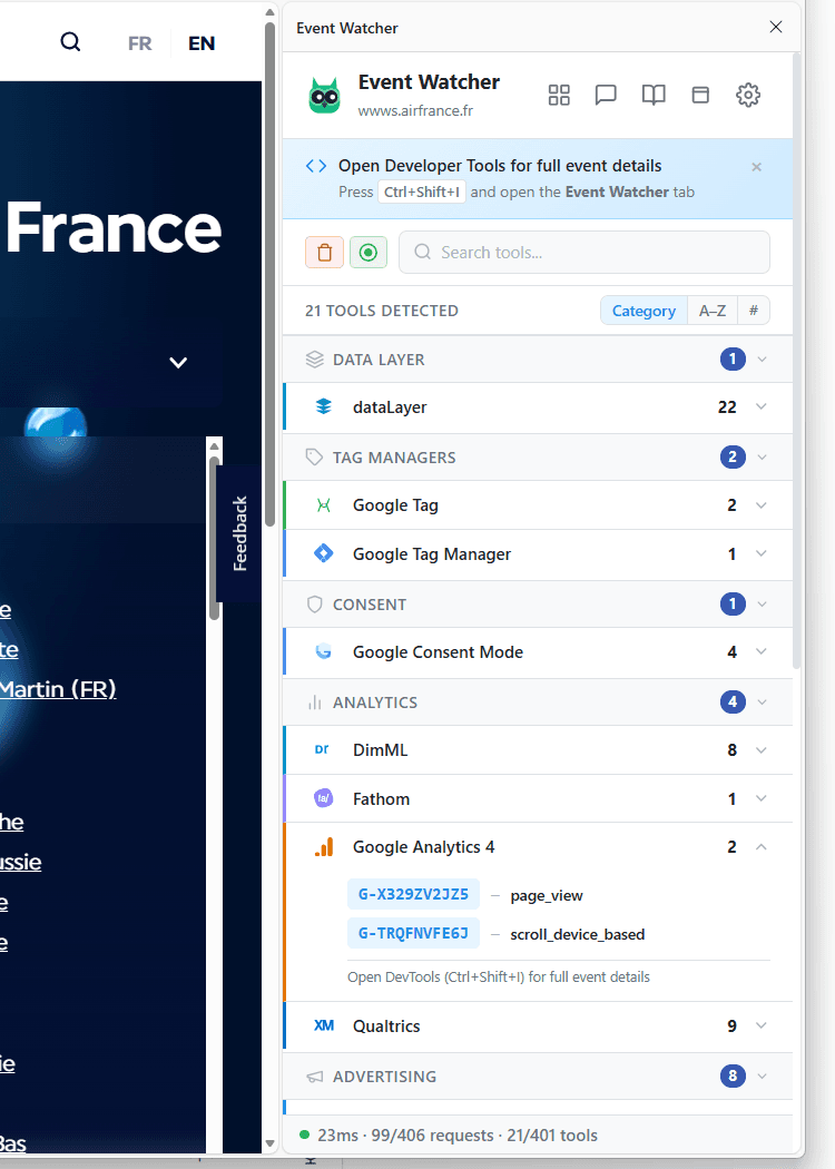Side panel showing all detected tools on a page, grouped by category