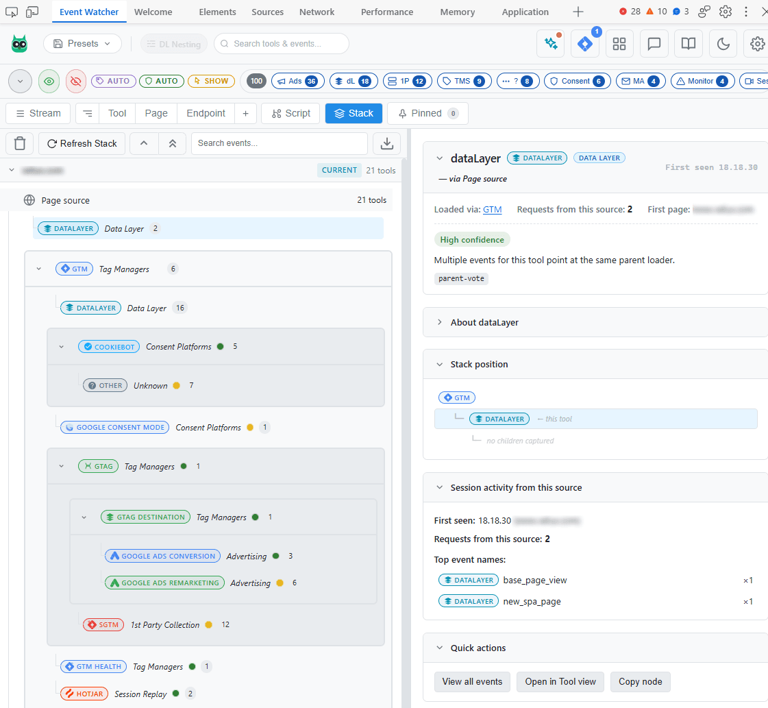 Stack View in the Event Watcher DevTools panel